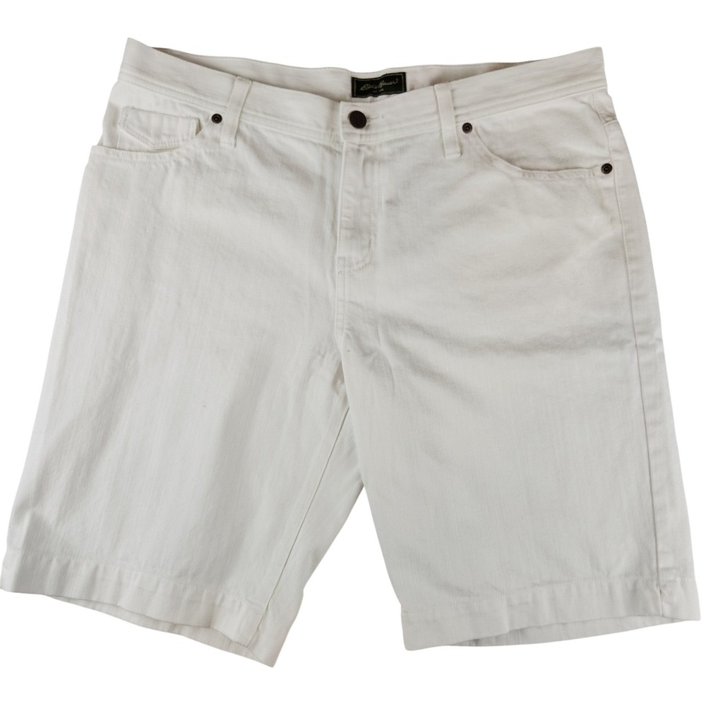Eddie Bauer Womens White Denim Shorts Size 14 Cotton Bermuda Five Pocket Classic